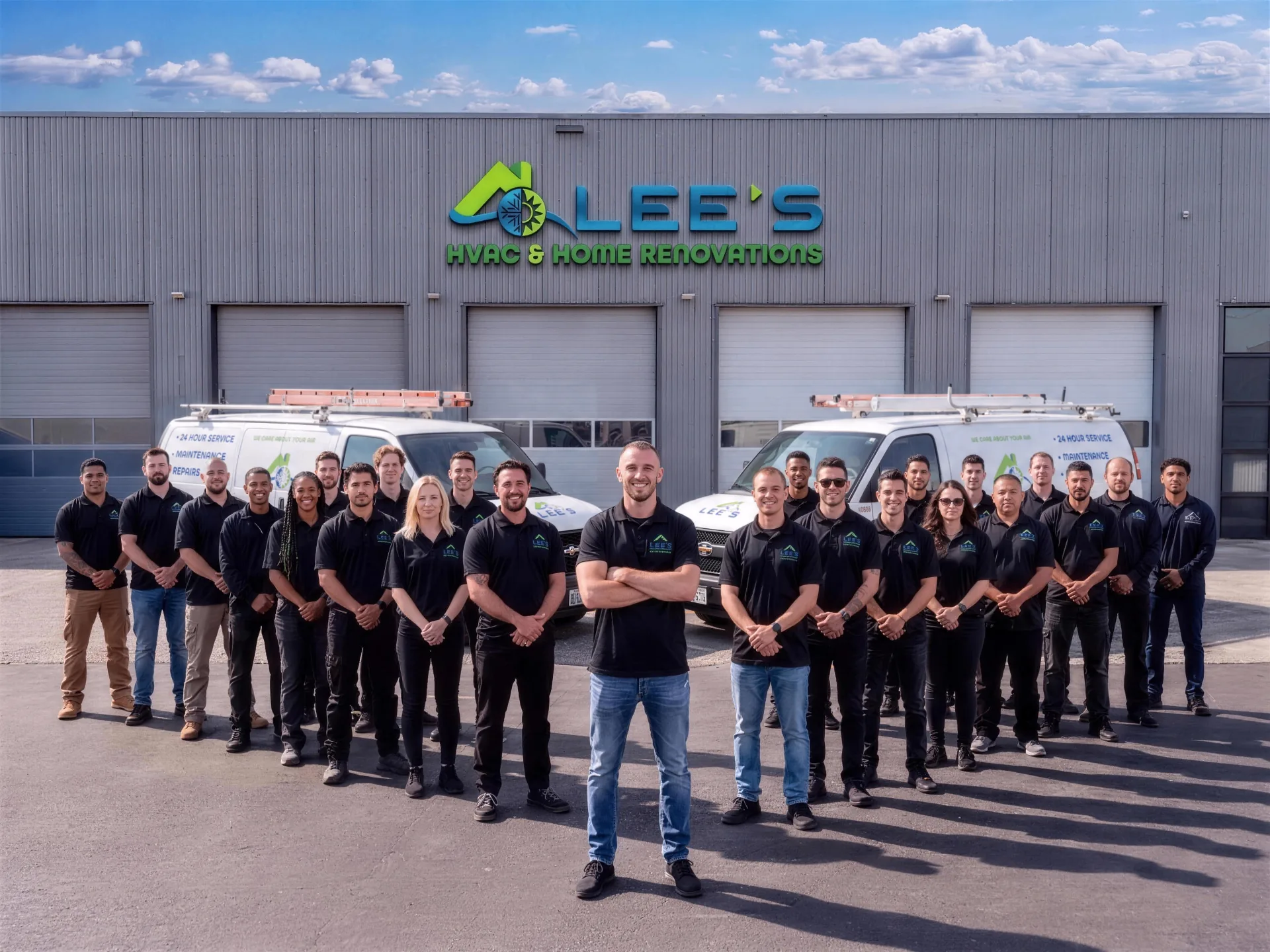 The Lee's HVAC team in front of company vans